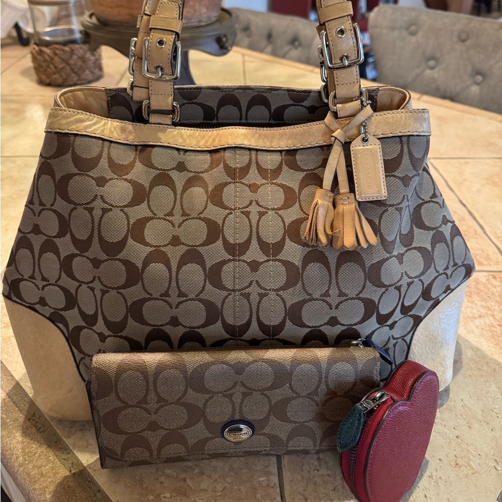Coach Bundle! Brown and Tan Signature Canvas Tote, Wallet, Apple coin pouch!